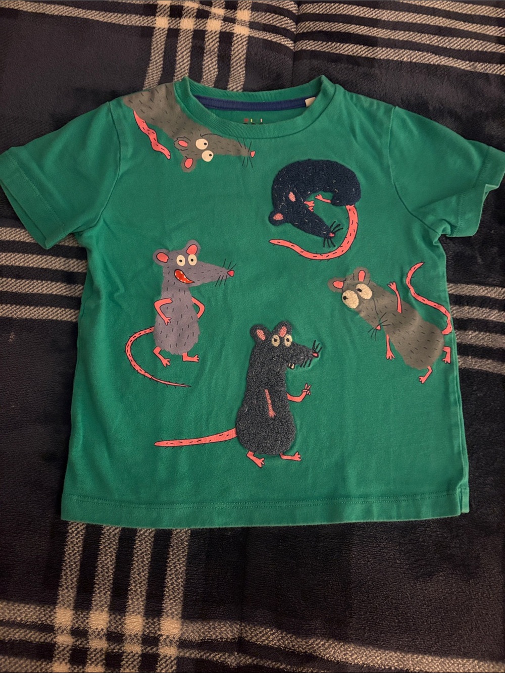 Mini Boden Green Short-Sleeve Tee with Playful Rat Graphics
